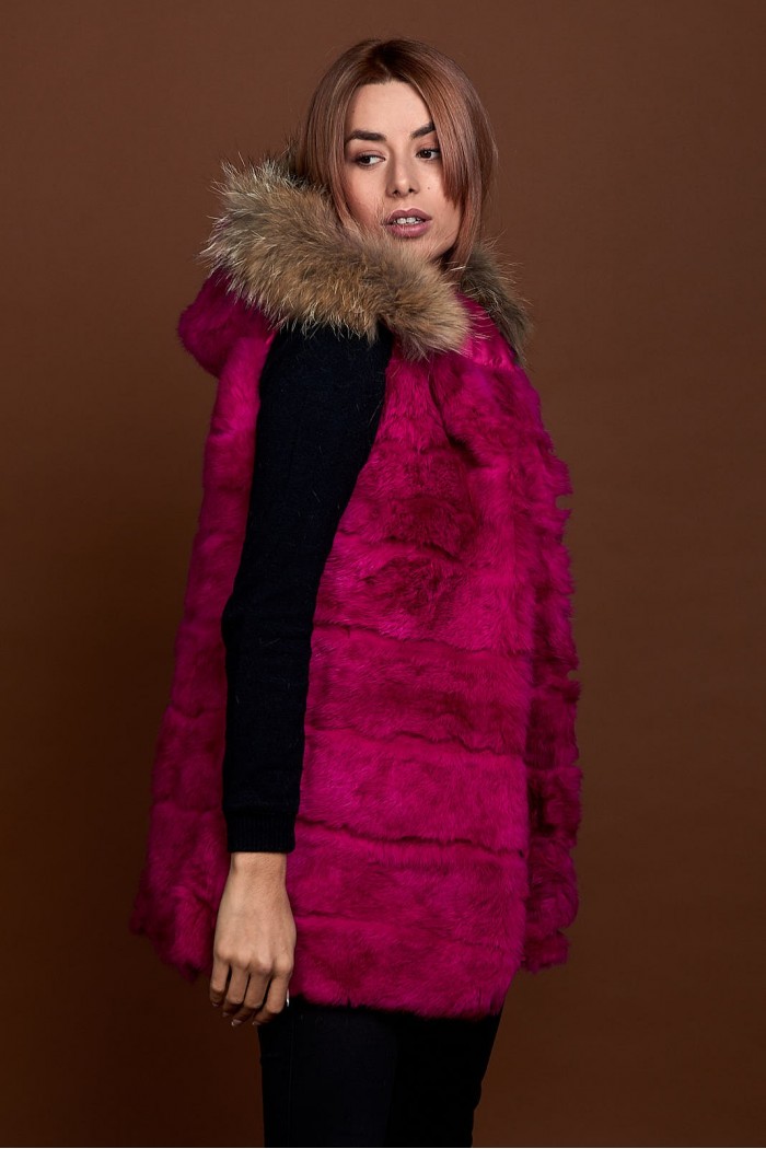 CHALECO LARGO CON CAPUCHA DE PELO DE CONEJO Y PELO DE MARMOTA PC-LLL5435-10