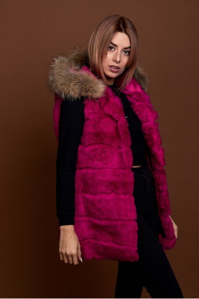 CHALECO LARGO CON CAPUCHA DE PELO DE CONEJO Y PELO DE MARMOTA PC-LLL5435-10
