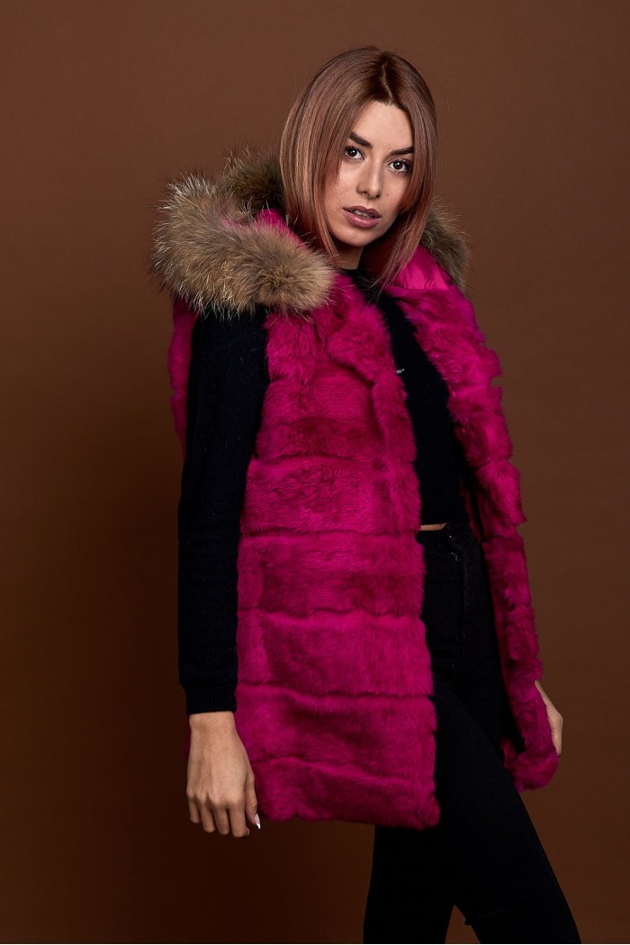 CHALECO LARGO CON CAPUCHA DE PELO DE CONEJO Y PELO DE MARMOTA PC-LLL5435-10