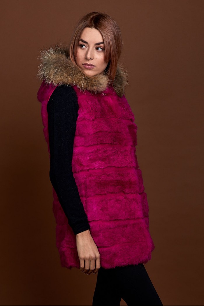 CHALECO LARGO CON CAPUCHA DE PELO DE CONEJO Y PELO DE MARMOTA PC-LLL5435-10