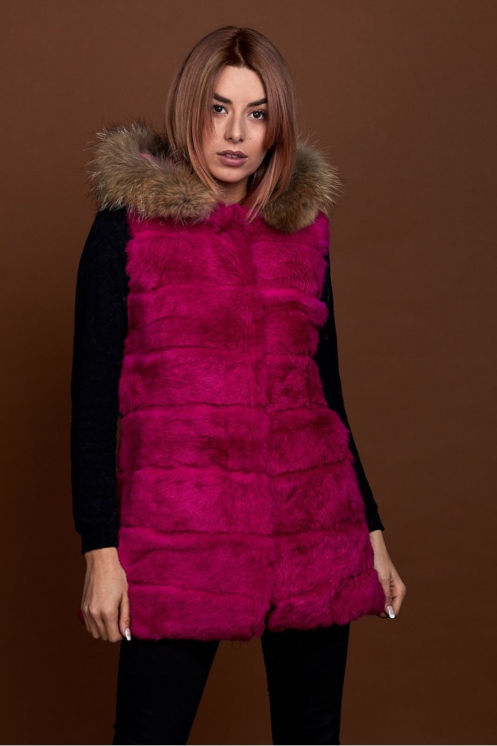 CHALECO LARGO CON CAPUCHA DE PELO DE CONEJO Y PELO DE MARMOTA PC-LLL5435-10