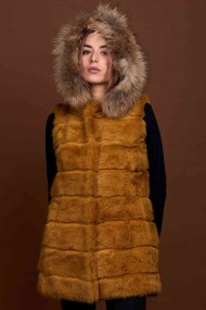 CHALECO LARGO CON CAPUCHA DE PELO DE CONEJO Y PELO DE MARMOTA PC-LLL5435-14