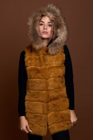 CHALECO LARGO CON CAPUCHA DE PELO DE CONEJO Y PELO DE MARMOTA PC-LLL5435-14