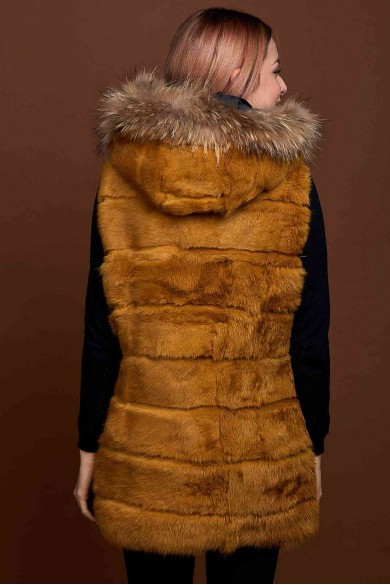 CHALECO LARGO CON CAPUCHA DE PELO DE CONEJO Y PELO DE MARMOTA PC-LLL5435-14