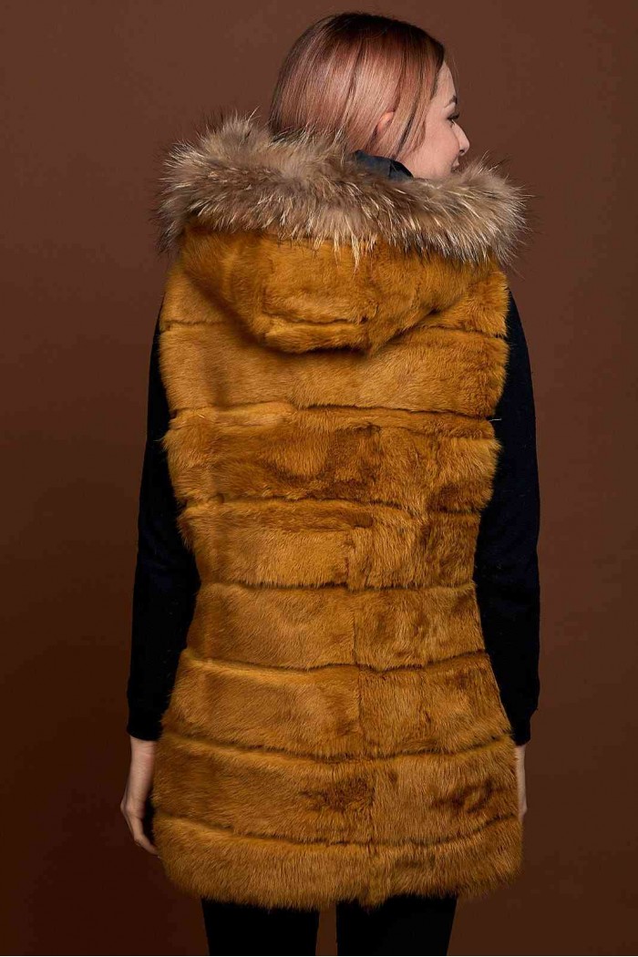 CHALECO LARGO CON CAPUCHA DE PELO DE CONEJO Y PELO DE MARMOTA PC-LLL5435-14