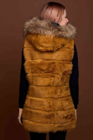 CHALECO LARGO CON CAPUCHA DE PELO DE CONEJO Y PELO DE MARMOTA PC-LLL5435-14