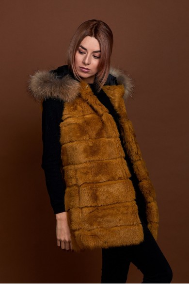 CHALECO LARGO CON CAPUCHA DE PELO DE CONEJO Y PELO DE MARMOTA PC-LLL5435-14