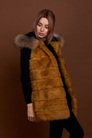 CHALECO LARGO CON CAPUCHA DE PELO DE CONEJO Y PELO DE MARMOTA PC-LLL5435-14