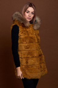 CHALECO LARGO CON CAPUCHA DE PELO DE CONEJO Y PELO DE MARMOTA PC-LLL5435-14