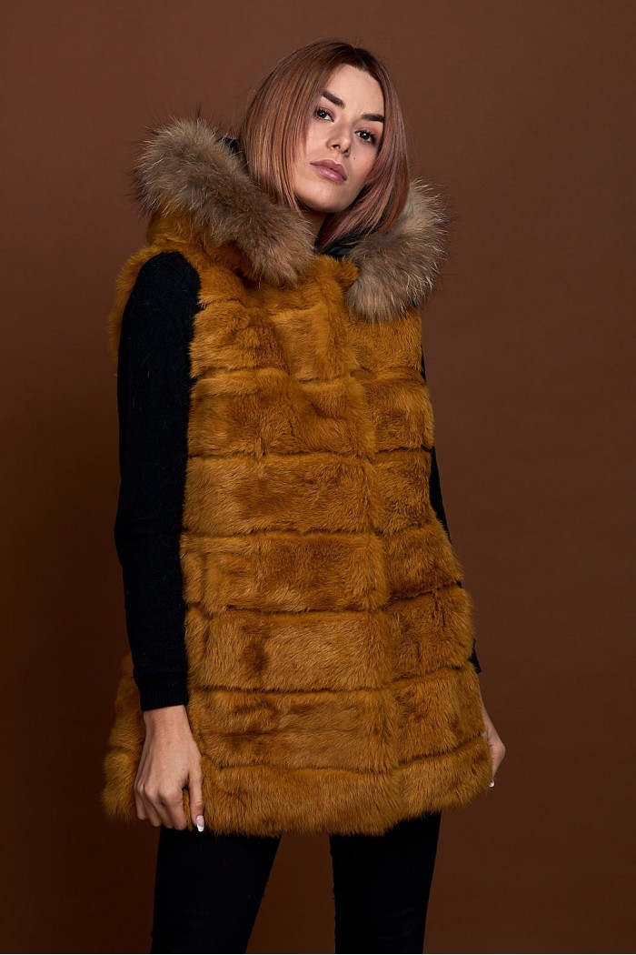 CHALECO LARGO CON CAPUCHA DE PELO DE CONEJO Y PELO DE MARMOTA PC-LLL5435-14