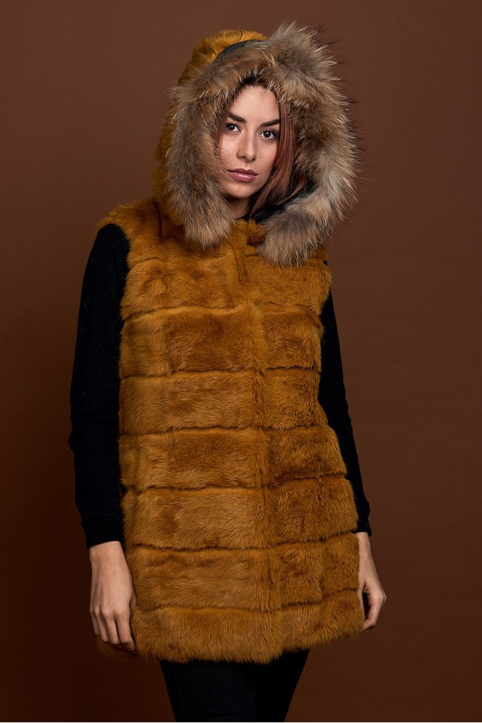 CHALECO LARGO CON CAPUCHA DE PELO DE CONEJO Y PELO DE MARMOTA PC-LLL5435-14