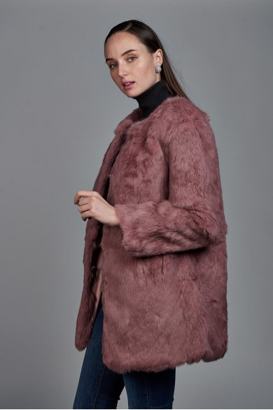 ABRIGO DE PELO DE CONEJO CON CUELLO REDONDO PC-LLL5369-08 ROSA PALO