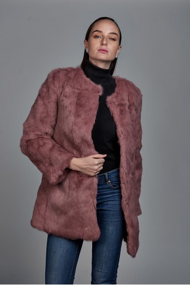 ABRIGO DE PELO DE CONEJO CON CUELLO REDONDO PC-LLL5369-08 ROSA PALO