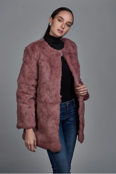 ABRIGO DE PELO DE CONEJO CON CUELLO REDONDO PC-LLL5369-08 ROSA PALO
