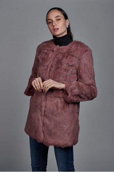 ABRIGO DE PELO DE CONEJO CON CUELLO REDONDO PC-LLL5369-08 ROSA PALO
