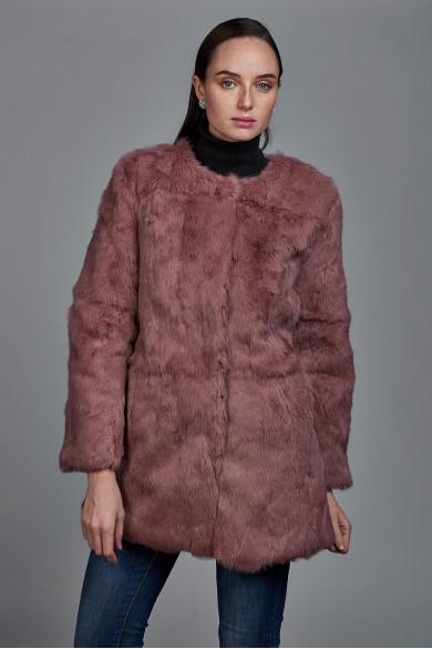 ABRIGO DE PELO DE CONEJO CON CUELLO REDONDO PC-LLL5369-08 ROSA PALO