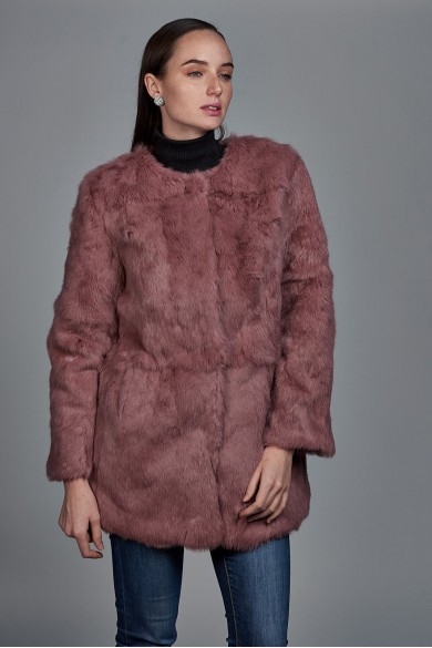 ABRIGO DE PELO DE CONEJO CON CUELLO REDONDO PC-LLL5369-08 ROSA PALO