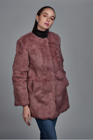 ABRIGO DE PELO DE CONEJO CON CUELLO REDONDO PC-LLL5369-08 ROSA PALO