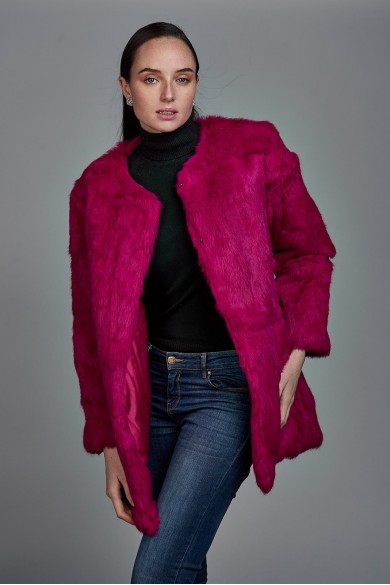 ABRIGO DE PELO DE CONEJO CON CUELLO REDONDO PC-LLL5369-10 FUSIA