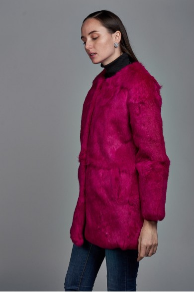 ABRIGO DE PELO DE CONEJO CON CUELLO REDONDO PC-LLL5369-10 FUSIA