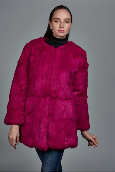 ABRIGO DE PELO DE CONEJO CON CUELLO REDONDO PC-LLL5369-10 FUSIA
