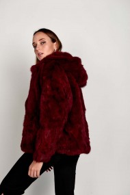 CHAQUETA CON CAPUCHA DE PELO DE CONEJO GRANATE PC-LLL5753 PC-LLL5753-04