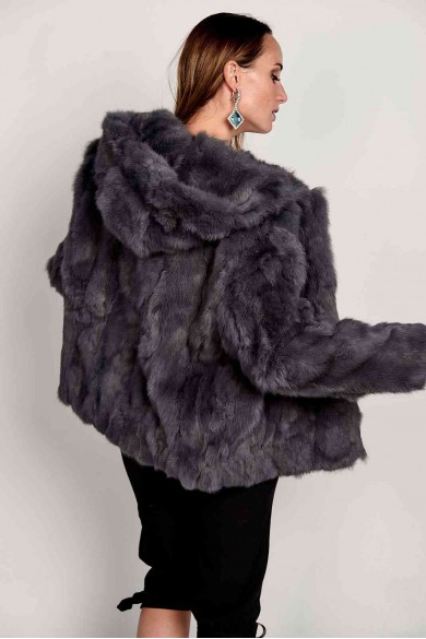CHAQUETA CON CAPUCHA DE PELO DE CONEJO GRIS OSCURO PC-LLL5753 PC-LLL5753-05
