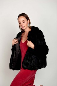 CHAQUETA CON CAPUCHA DE PELO DE CONEJO NEGRO PC-LLL5753