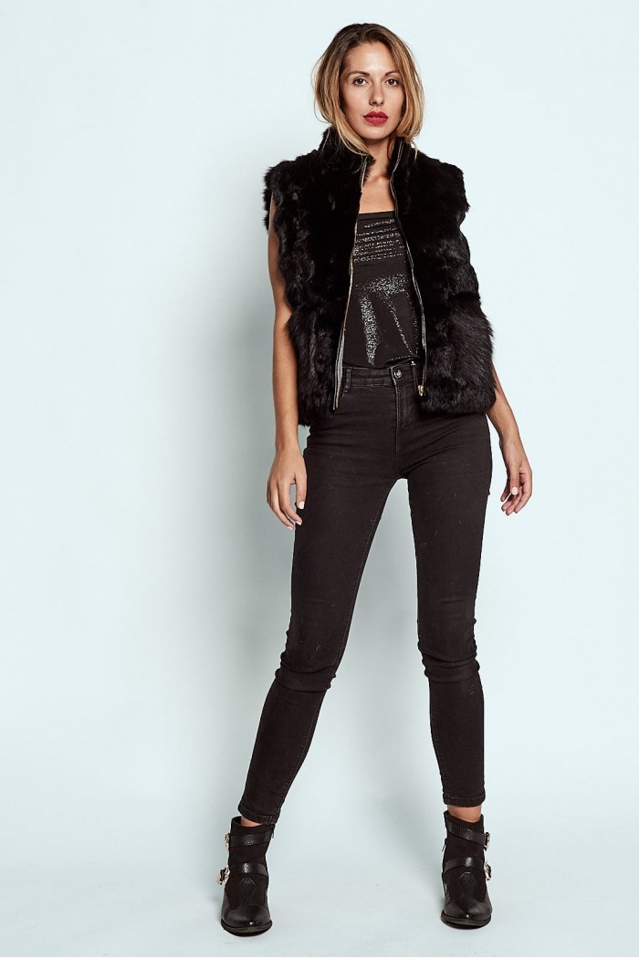 CHALECO PELO DE CONEJO CON CAPUCHA NEGRO PC-LLL5701-15