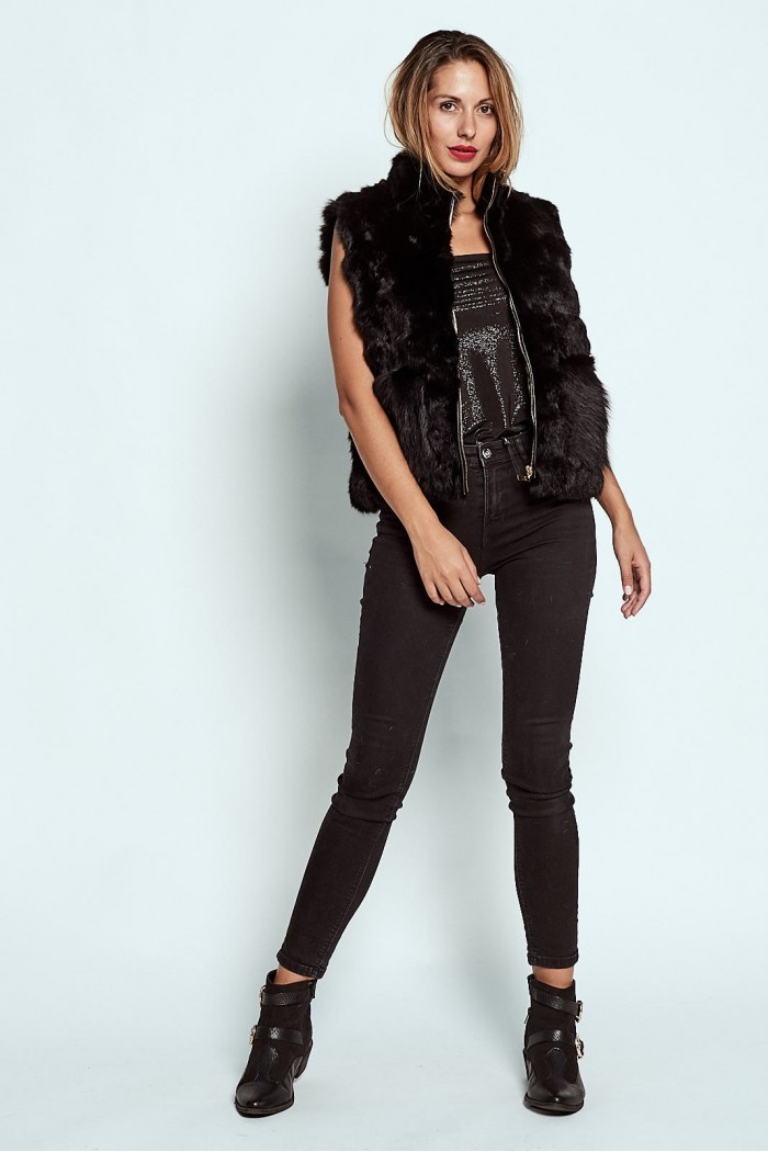 CHALECO PELO DE CONEJO CON CAPUCHA NEGRO PC-LLL5701-15