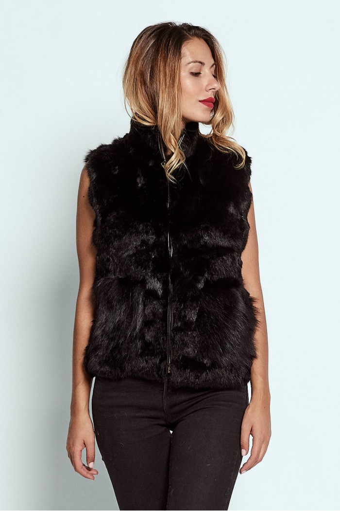 CHALECO PELO DE CONEJO CON CAPUCHA NEGRO PC-LLL5701-15