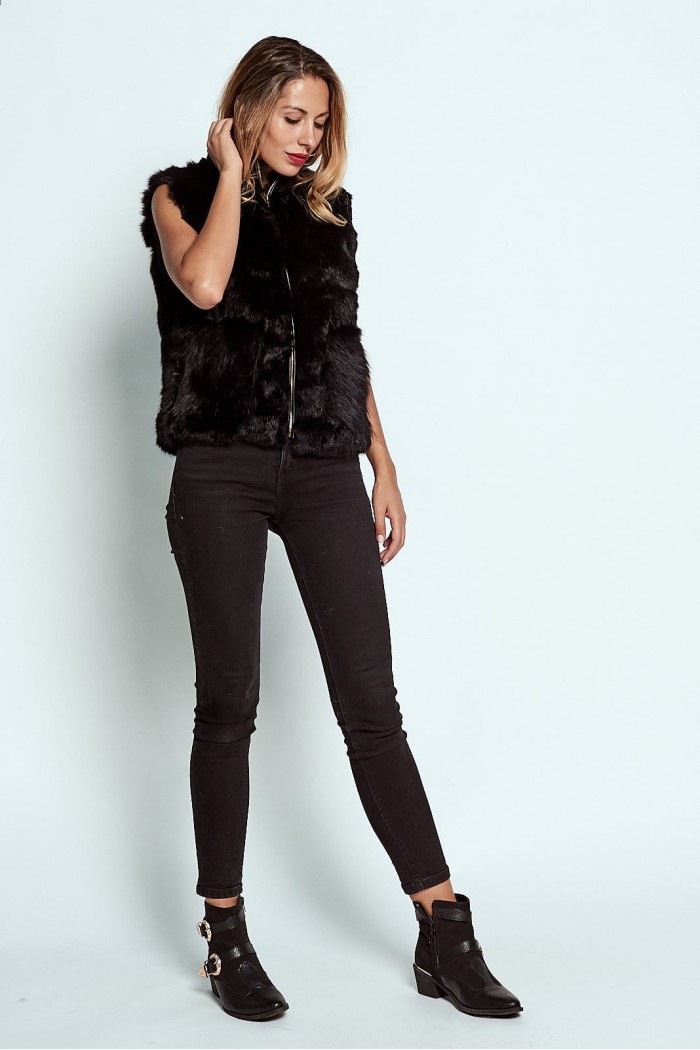CHALECO PELO DE CONEJO CON CAPUCHA NEGRO PC-LLL5701-15