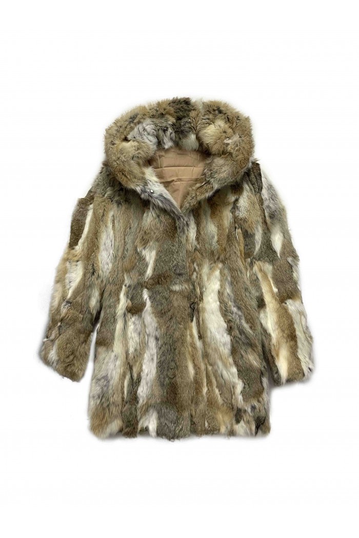 ABRIGO CON CAPUCHA PELO DE CONEJO TONO NATURAL PC-LLL5182-17