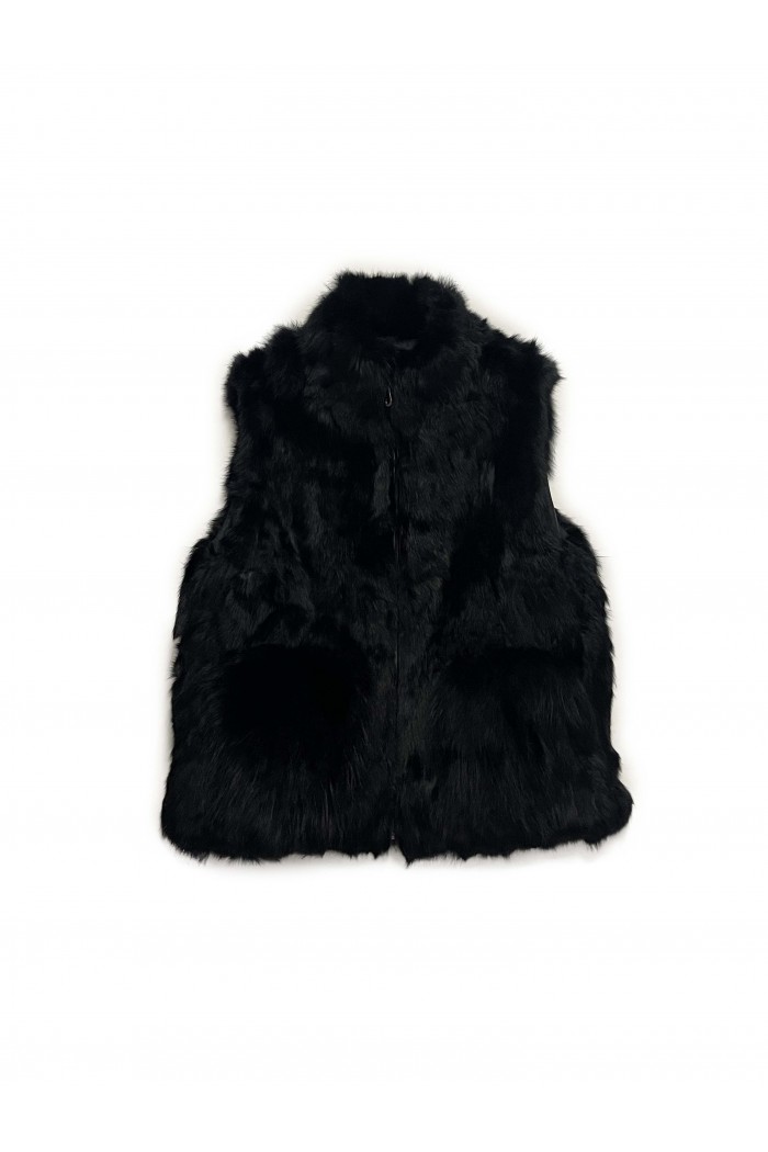 CHALECO PELO DE CONEJO CON CAPUCHA NEGRO PC-LLL5701-15