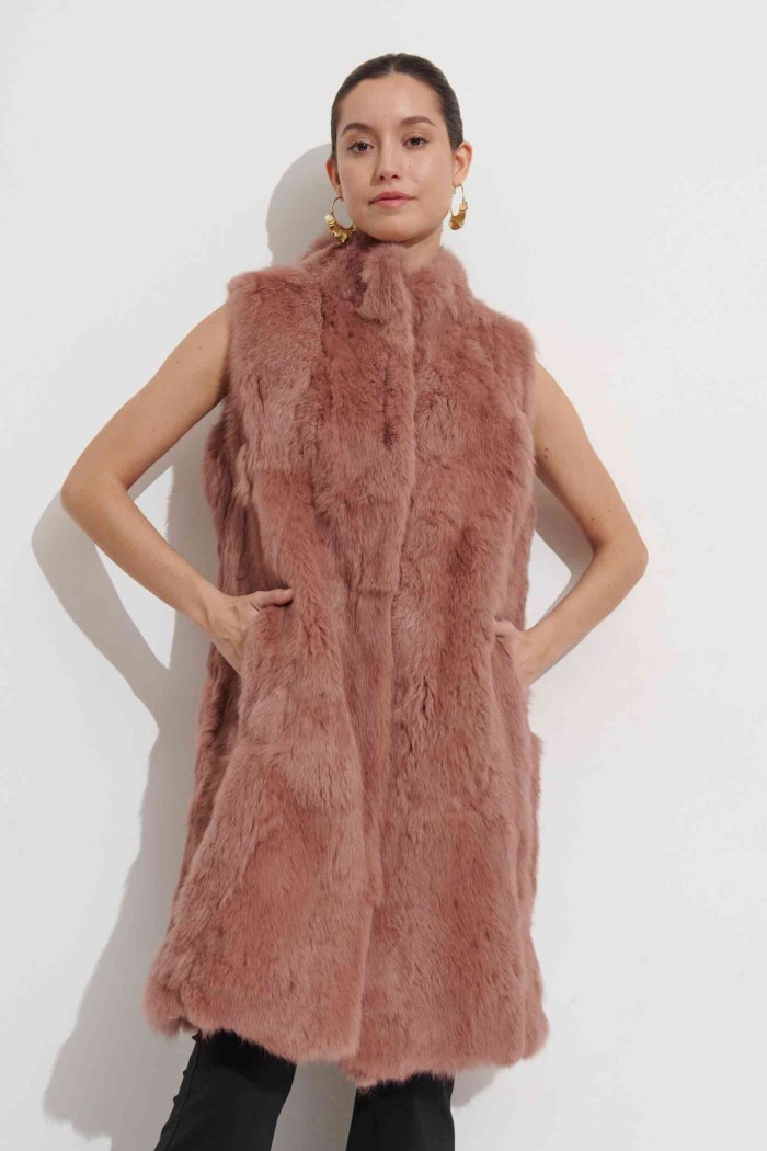 CHALECO LARGO DE PELO DE CONEJO CON CUELLO ALTO Y CIERRE OCULTO,COLOR ROSA PALOPC-LLL5799-08