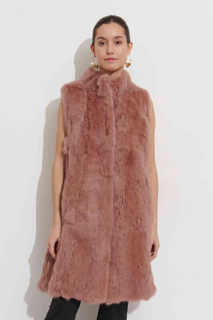CHALECO LARGO DE PELO DE CONEJO CON CUELLO ALTO Y CIERRE OCULTO,COLOR ROSA PALOPC-LLL5799-08