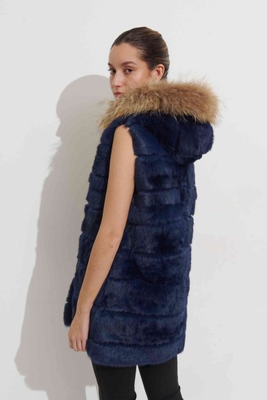 CHALECO LARGO CON CAPUCHA DE PELO DE CONEJO Y PELO DE MARMOTA PC-LLL5435-11