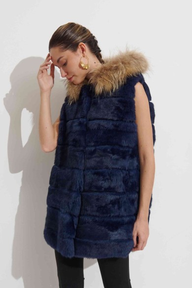 CHALECO LARGO CON CAPUCHA DE PELO DE CONEJO Y PELO DE MARMOTA PC-LLL5435-11