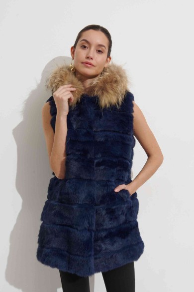 CHALECO LARGO CON CAPUCHA DE PELO DE CONEJO Y PELO DE MARMOTA PC-LLL5435-11