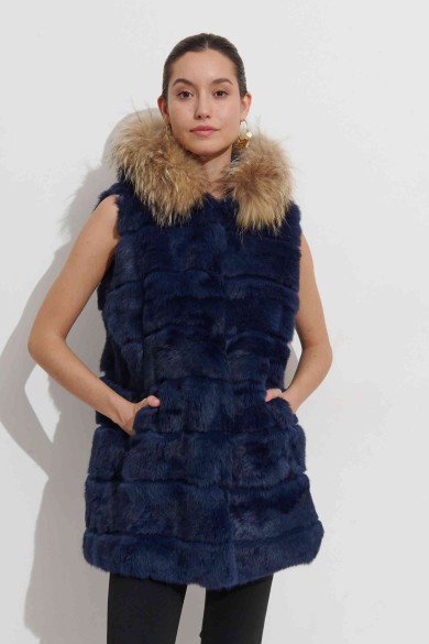 CHALECO LARGO CON CAPUCHA DE PELO DE CONEJO Y PELO DE MARMOTA PC-LLL5435-11