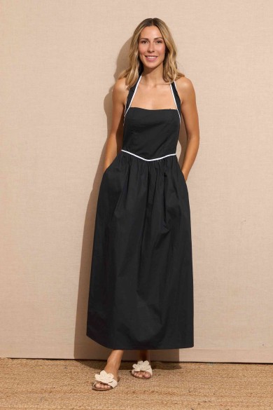 VESTIDO NEGRO HALTER CON RIBETE BLANCO FBZMA1178