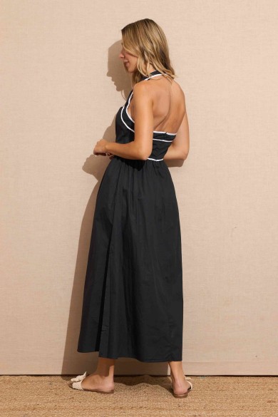 VESTIDO NEGRO HALTER CON RIBETE BLANCO FBZMA1178
