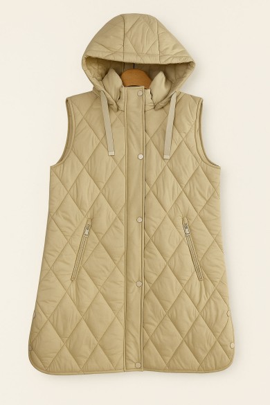 CHALECO ACOLCHADO LARGO CON CAPUCHA EN BEIGE TY-Z56219 7COLORES