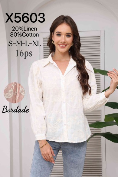 CAMISA BORDADA BLANCA CON DISEÑO PAISLEY DBT-X5603