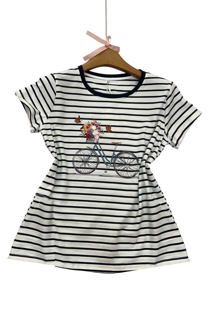 CAMISETA RAYADA CON ESTAMPADO DE BICICLETA Y FLORES TY-K1325