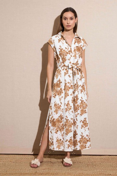 VESTIDO LARGO CAMISERO CON ESTAMPADO FLORAL EN TONOS TIERRA FBZMR22260