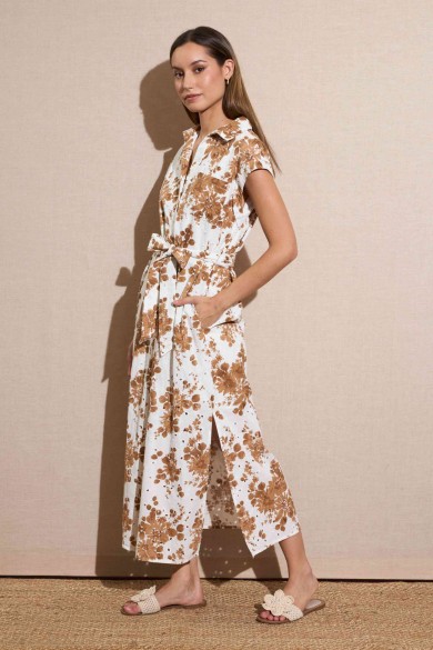 VESTIDO LARGO CAMISERO CON ESTAMPADO FLORAL EN TONOS TIERRA FBZMR22260