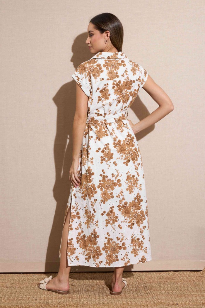 VESTIDO LARGO CAMISERO CON ESTAMPADO FLORAL EN TONOS TIERRA FBZMR22260