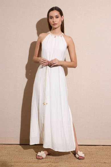 VESTIDO LARGO DE CUELLO HALTER CON DETALLES DECORATIVOS FBZMA1389