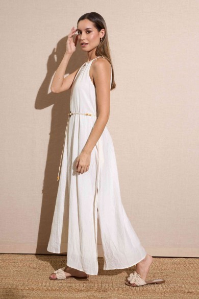 VESTIDO LARGO DE CUELLO HALTER CON DETALLES DECORATIVOS FBZMA1389